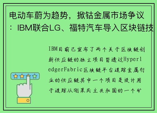 电动车蔚为趋势，掀钴金属市场争议：IBM联合LG、福特汽车导入区块链技术打击乱象