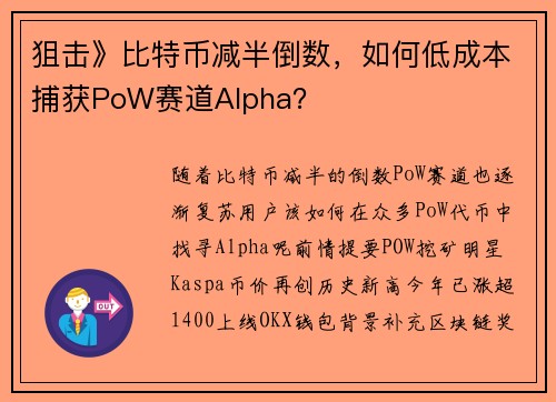 狙击》比特币减半倒数，如何低成本捕获PoW赛道Alpha？